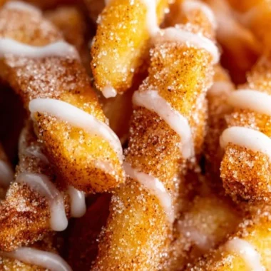 Crispy air fryer apple fries served on a plate with a side of caramel sauce.