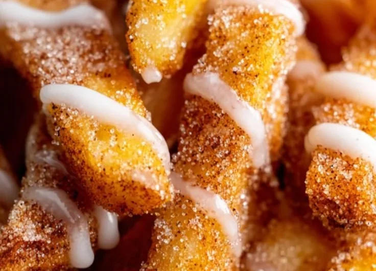 Crispy air fryer apple fries served on a plate with a side of caramel sauce.