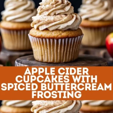 Apple cider cupcakes with spiced buttercream frosting topped with fall decorations.