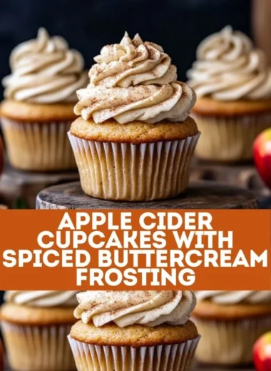 Apple cider cupcakes with spiced buttercream frosting topped with fall decorations.