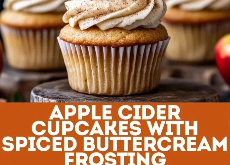 Apple cider cupcakes with spiced buttercream frosting topped with fall decorations.