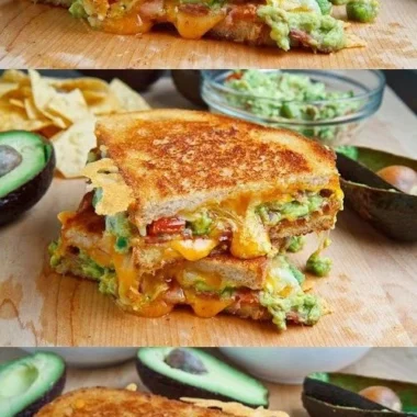 Bacon guacamole grilled cheese sandwich with melted cheese and crispy bacon