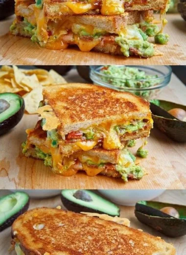 Bacon guacamole grilled cheese sandwich with melted cheese and crispy bacon