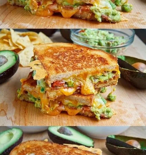 Bacon guacamole grilled cheese sandwich with melted cheese and crispy bacon