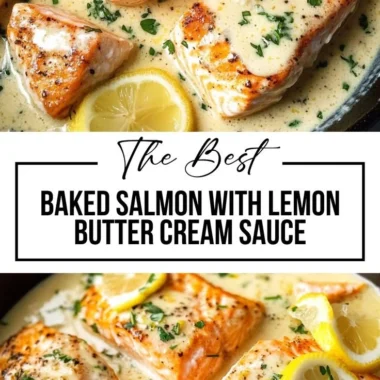 Baked salmon fillet topped with lemon butter cream sauce on a plate.
