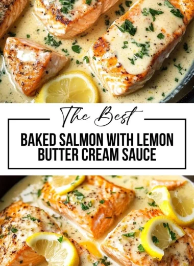 Baked salmon fillet topped with lemon butter cream sauce on a plate.