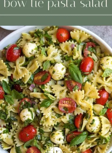 Colorful Bow Tie Pasta Salad featuring vegetables and dressing