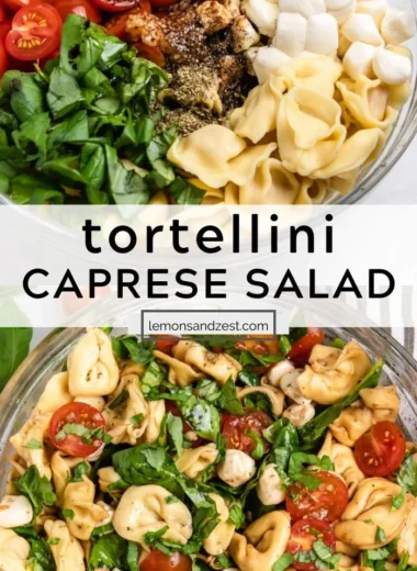 A colorful Caprese Tortellini Salad with tomatoes and basil in a bowl.