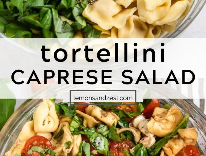 A colorful Caprese Tortellini Salad with tomatoes and basil in a bowl.