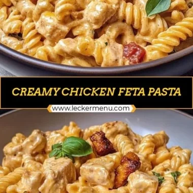 Creamy chicken feta pasta finished in a bowl, garnished with herbs.