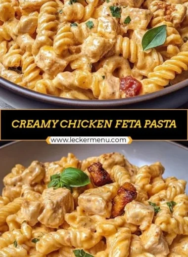 Creamy chicken feta pasta finished in a bowl, garnished with herbs.