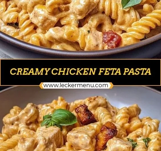 Creamy chicken feta pasta finished in a bowl, garnished with herbs.