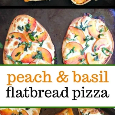 Delicious Peach Basil Naan bread pizza topped with fresh ingredients