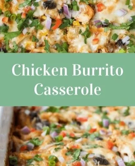 Healthy chicken burrito casserole with colorful toppings and ingredients