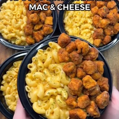 High-protein KFC Chicken Mac & Cheese served in a bowl with garnish