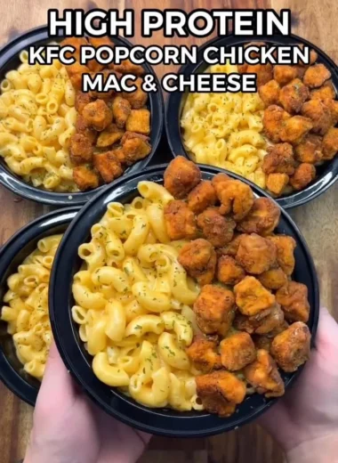 High-protein KFC Chicken Mac & Cheese served in a bowl with garnish