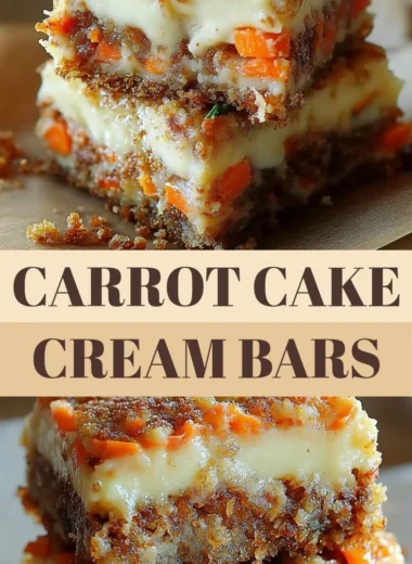 Delicious carrot cake cream cheese bars topped with frosting and walnuts