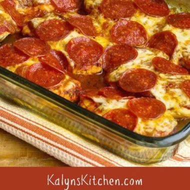 Low-carb pepperoni pizza chicken bake topped with cheese and pepperoni
