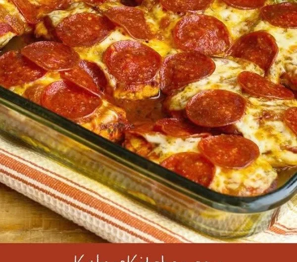 Low-carb pepperoni pizza chicken bake topped with cheese and pepperoni
