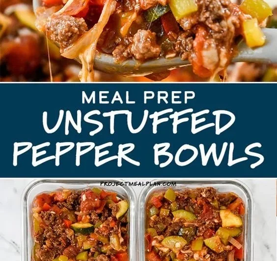 Colorful meal prep unstuffed pepper bowls with rice and vegetables