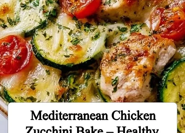 Mediterranean Chicken Zucchini Bake garnished with fresh herbs and vegetables