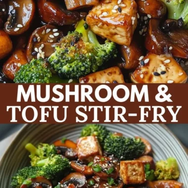 Savory Mushroom and Tofu Stir-Fry in a colorful vegetable medley.