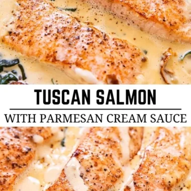 Pan seared salmon with Parmesan cream sauce served on a plate