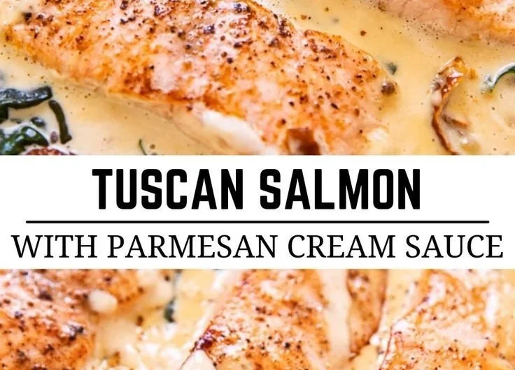 Pan seared salmon with Parmesan cream sauce served on a plate
