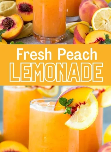 A refreshing glass of peach lemonade with fresh peach slices and lemon