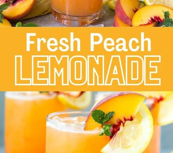 A refreshing glass of peach lemonade with fresh peach slices and lemon