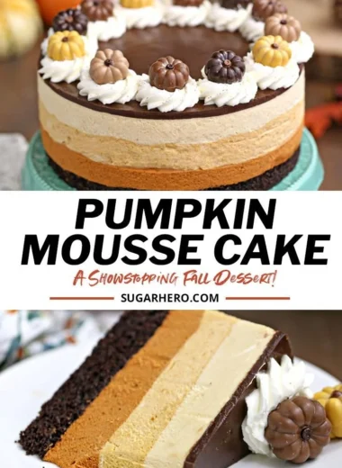 Delicious Pumpkin Chocolate Mousse Cake topped with chocolate and cream