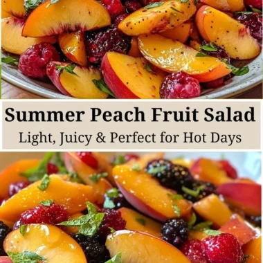 A vibrant bowl of refreshing summer peach salad with colorful fruits and greens.