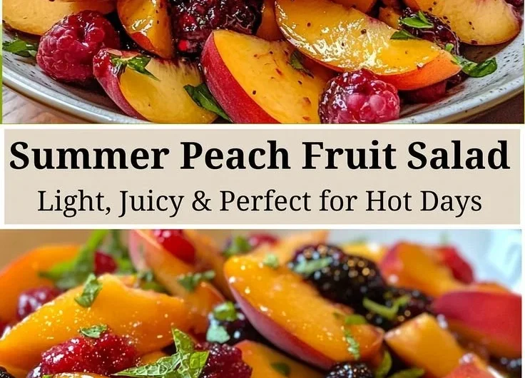 A vibrant bowl of refreshing summer peach salad with colorful fruits and greens.