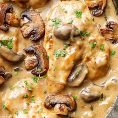 Chicken and Mushrooms Skillet dish served in a frying pan with herbs