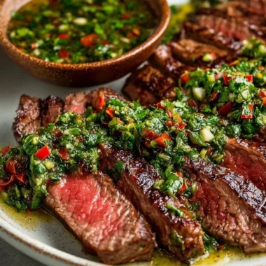 Delicious chimichurri steak topped with vibrant green sauce.