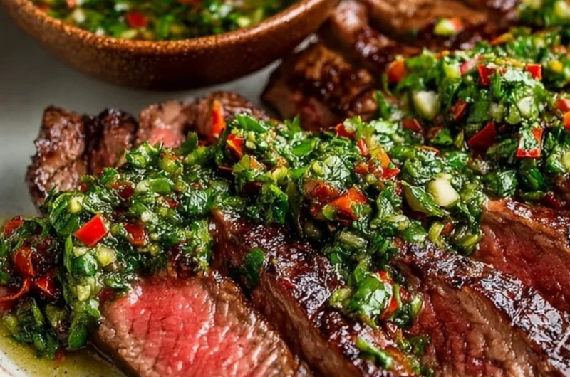 Delicious chimichurri steak topped with vibrant green sauce.