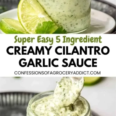 Freshly made cilantro garlic sauce served in a bowl, garnished with herbs.
