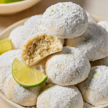 Freshly baked key lime cookies on a plate with a lime wedge.