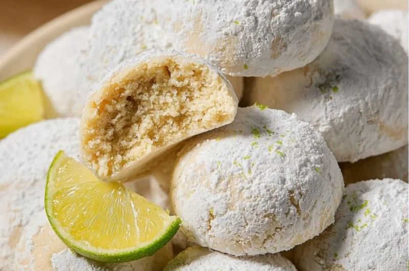 Freshly baked key lime cookies on a plate with a lime wedge.