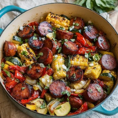 Cozy summer sausage skillet dish with colorful vegetables in a cast-iron pan