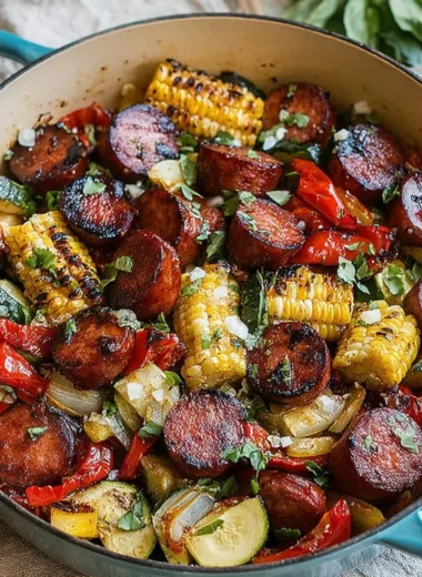Cozy summer sausage skillet dish with colorful vegetables in a cast-iron pan