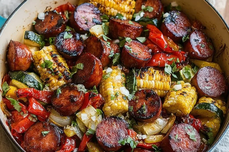 Cozy summer sausage skillet dish with colorful vegetables in a cast-iron pan