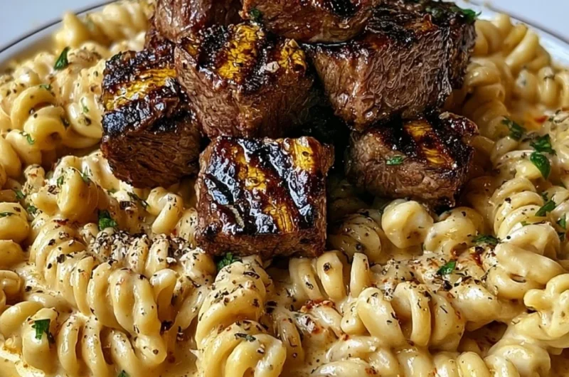 Creamy garlic butter steak bites served with spicy Cajun Alfredo twisted pasta