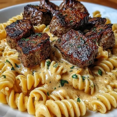 Creamy garlic butter steak bites served with spicy Cajun Alfredo twisted pasta