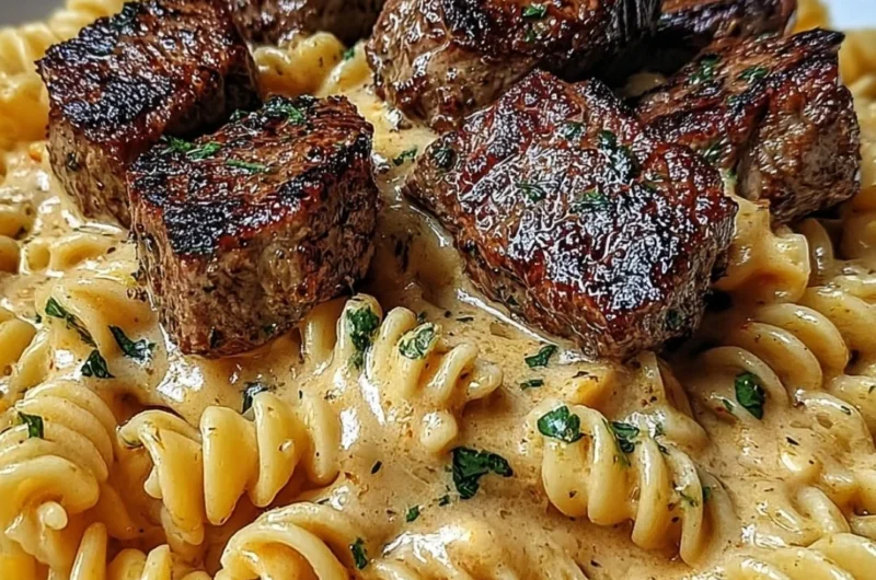 Creamy garlic butter steak bites served with spicy Cajun Alfredo twisted pasta