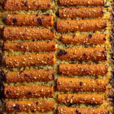 Bowl of crispy Parmesan carrots garnished with herbs
