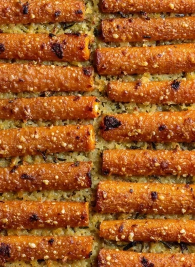 Bowl of crispy Parmesan carrots garnished with herbs