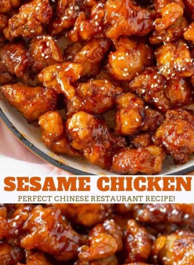 Plate of crispy sesame chicken garnished with sesame seeds and green onions