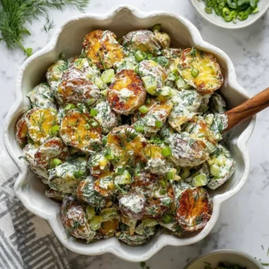 Crispy Smashed Potato Salad served in a bowl with fresh herbs