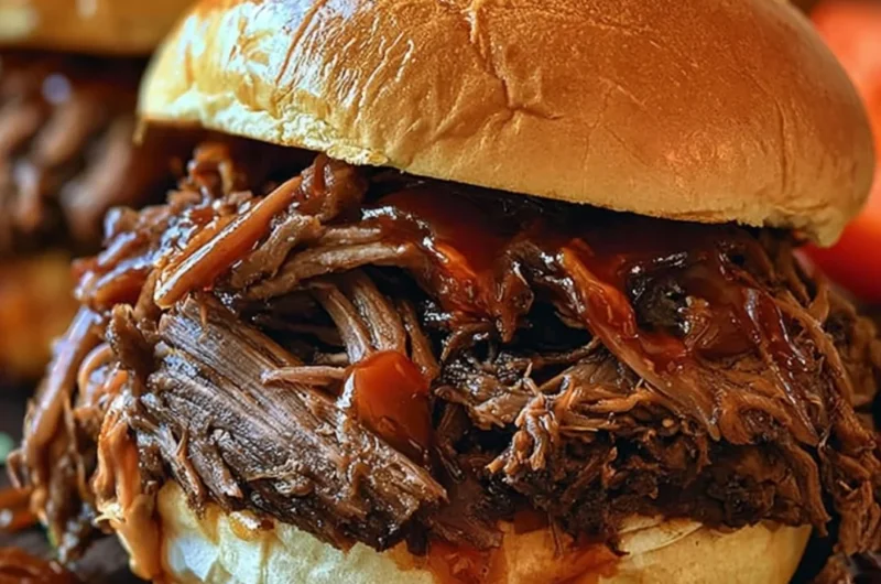 Crockpot BBQ Beef Sandwiches served on a plate with pickles and a side of coleslaw.
